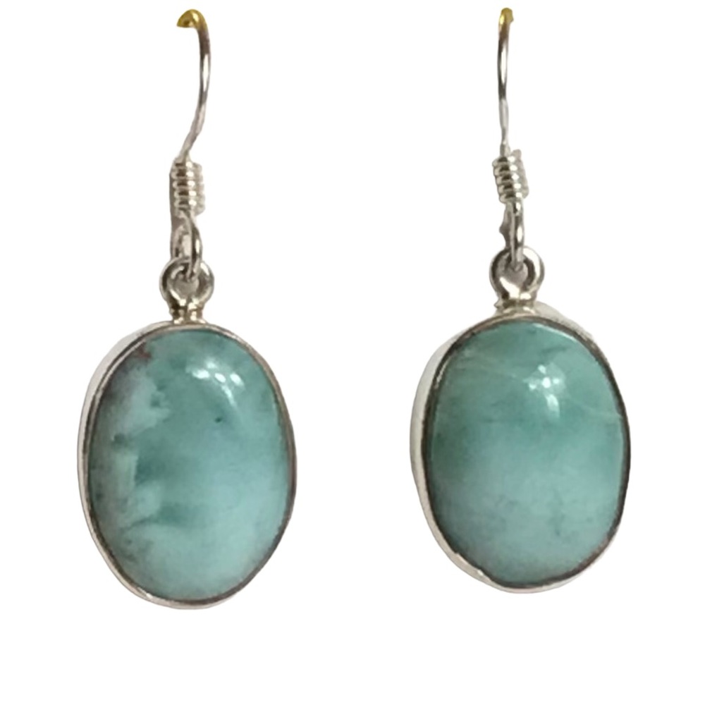 Larimar Earrings Sterling Silver Oval Blue Green Stone Healing Jewelry Yoga Drop